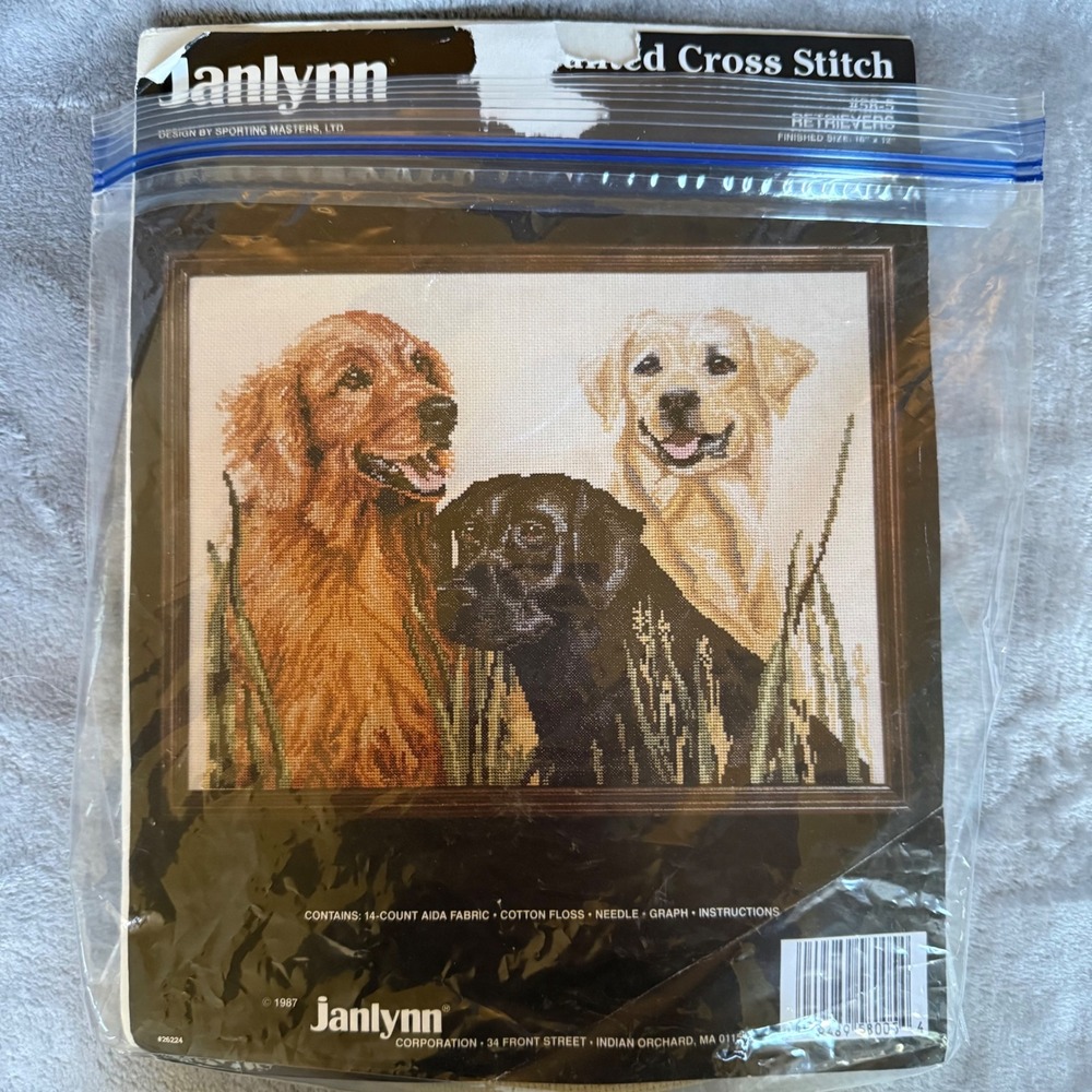 Janlynn 1987 Counted Cross Stitch Kit Retrievers 58-5 Dogs Retrievers 16x12"